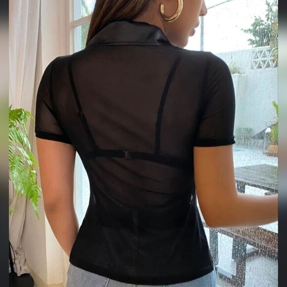 BRAND NEW ATTENTION THROUGH SHEER MESH BOWKNOT BLOUSE - Picture 1 of 12